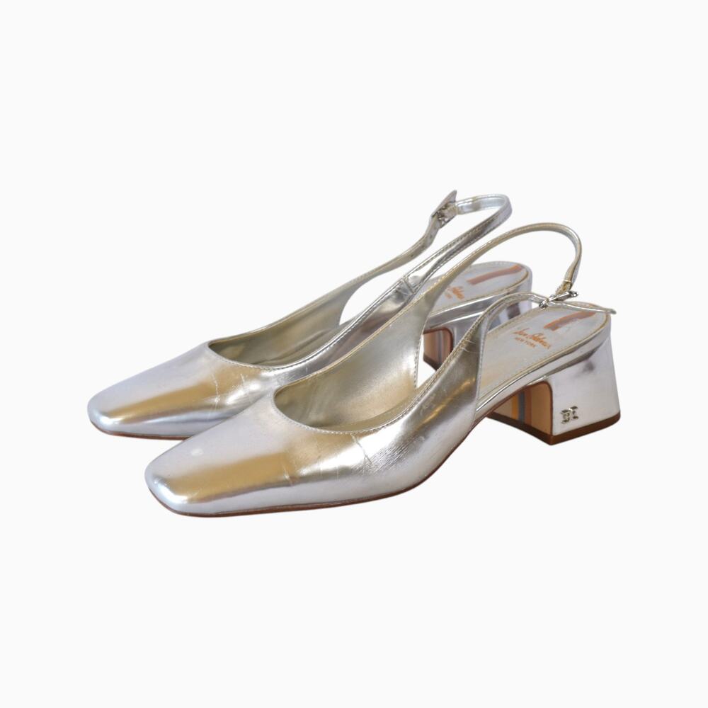 Sam Edelman Terra Silver Slingback Square Toe Block Heels Size 7.5